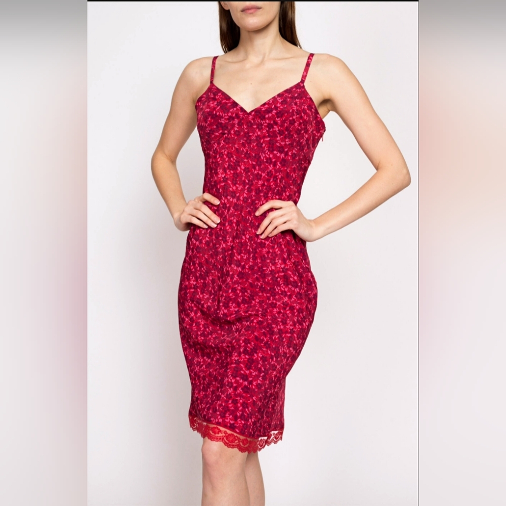 5/$50 EUC Vintage Express Slip Dress Floral Lace Side Zip 90's Pink/Red Sz.9/10